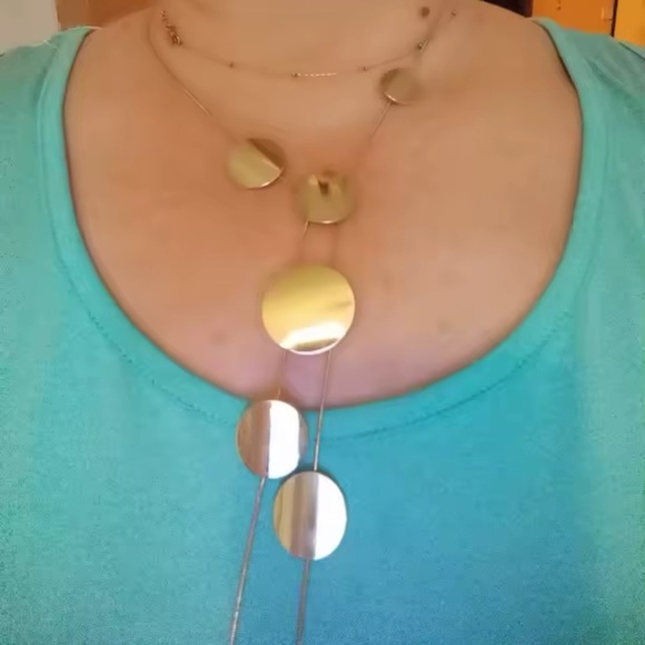 Gold Geometric Disc Pendant Necklace – Statement Long Layered Jewelry - Picture 5 of 8